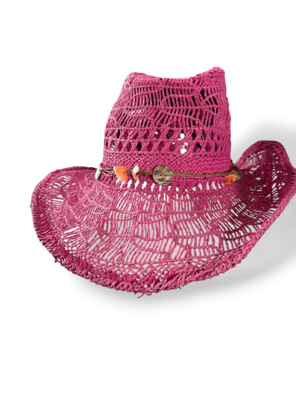 Pink Woven Straw Cowboy Hat With Shell & Wood Bead Accents Adjustable Shape